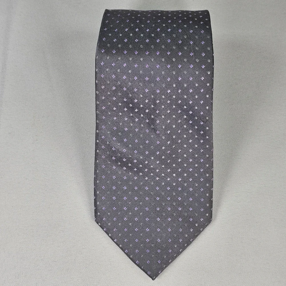 Michael Michael Kors Mens Silk Tie Grey Purple Geometric Square Pattern Necktie‎